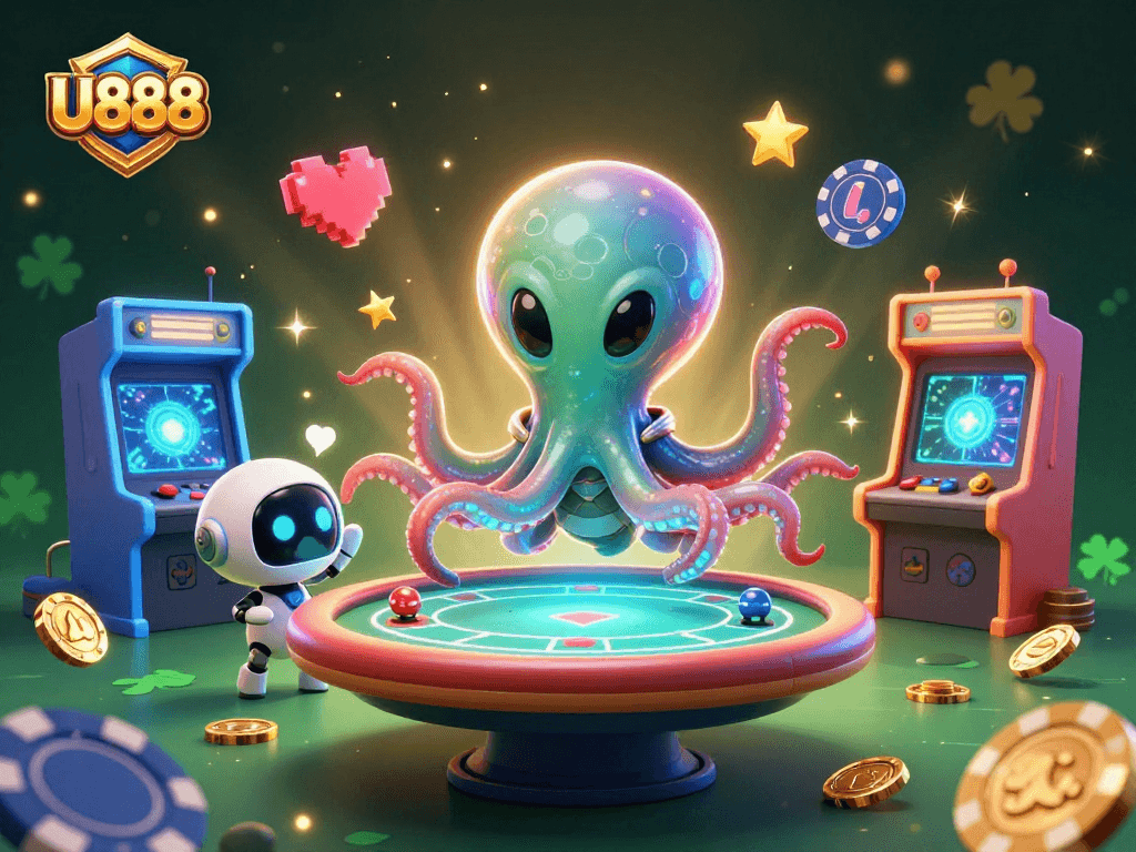 Experience thrilling gameplay at U888 with an alien octopus and robot engaging at a holographic poker table.