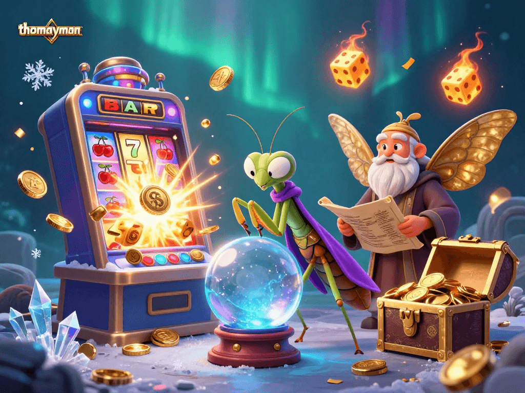 Immerse in thomayman as a mystical fortune teller reveals slots treasures amidst dazzling casino scenes.