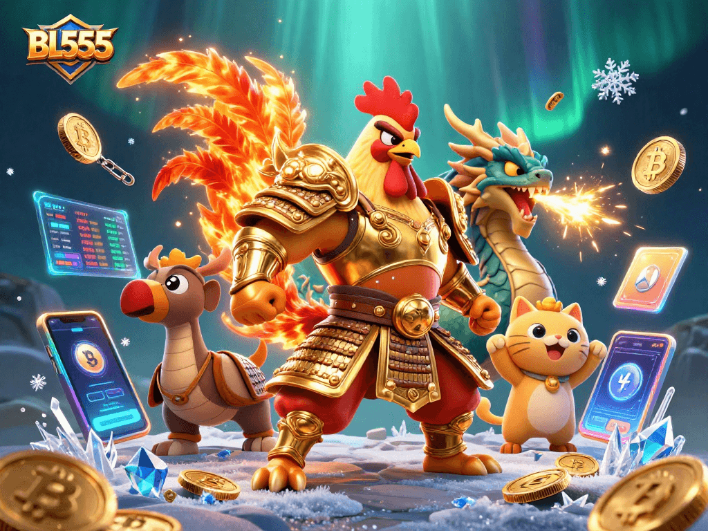 Engage with BL555's immersive casino experience featuring a roaring rooster warrior and dragon hatchling amidst dynamic game elements.