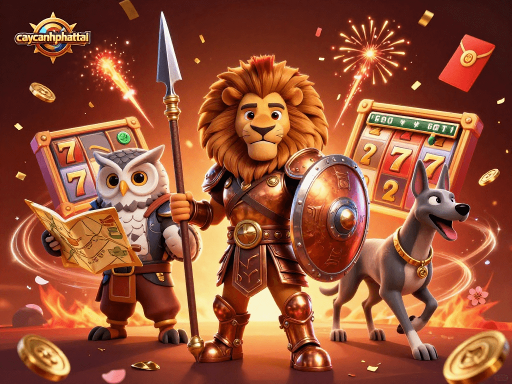 Spin and win on caycanhphattai with engaging 3D characters in an immersive casino scene.