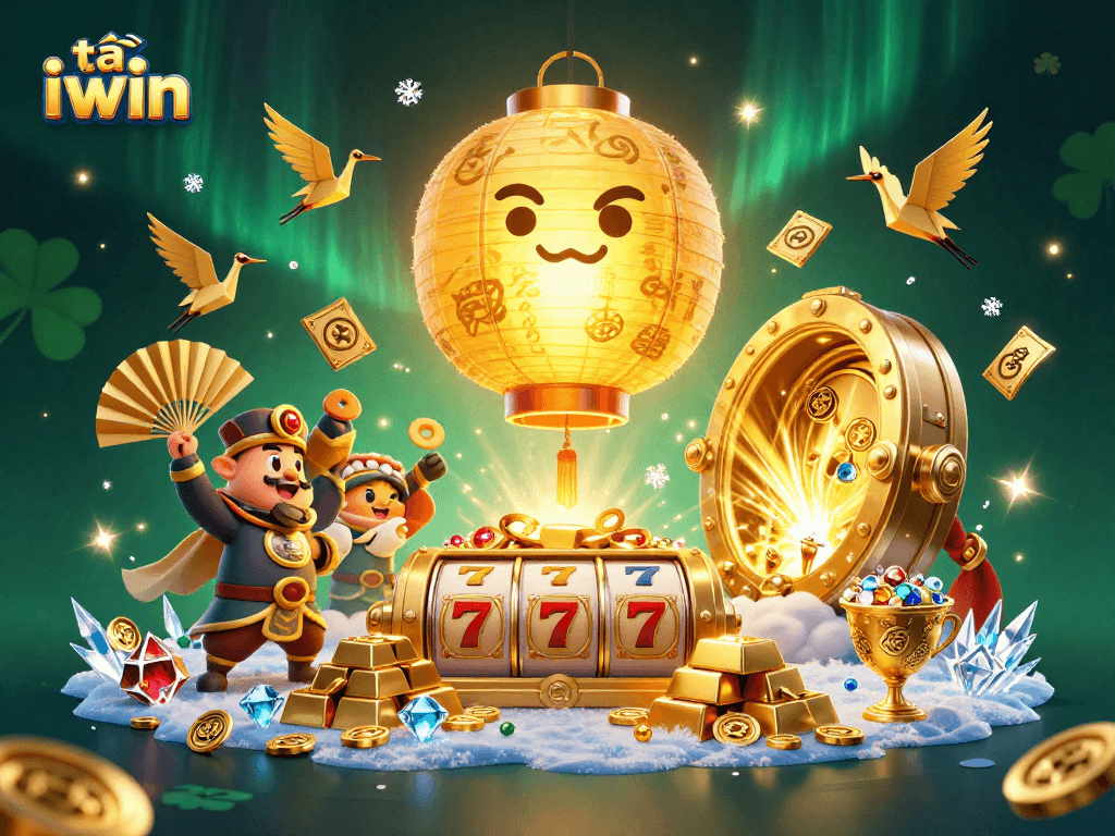 Engage with the vibrant casino scene featuring tải iwin and golden treasures surrounding dynamic characters.