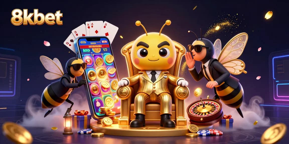 Play exciting games like slots with 8kbet in a vibrant 3D casino scene.