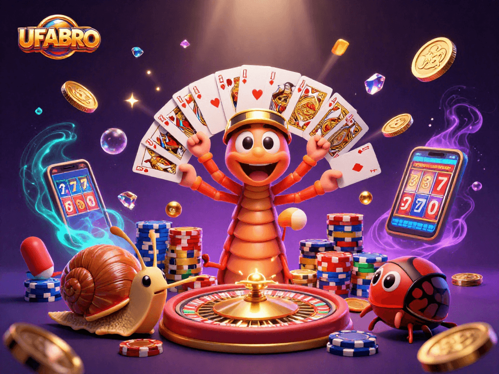 Experience exciting casino action with UFABRO's lively 3D characters in a vibrant setting of cards and coins.