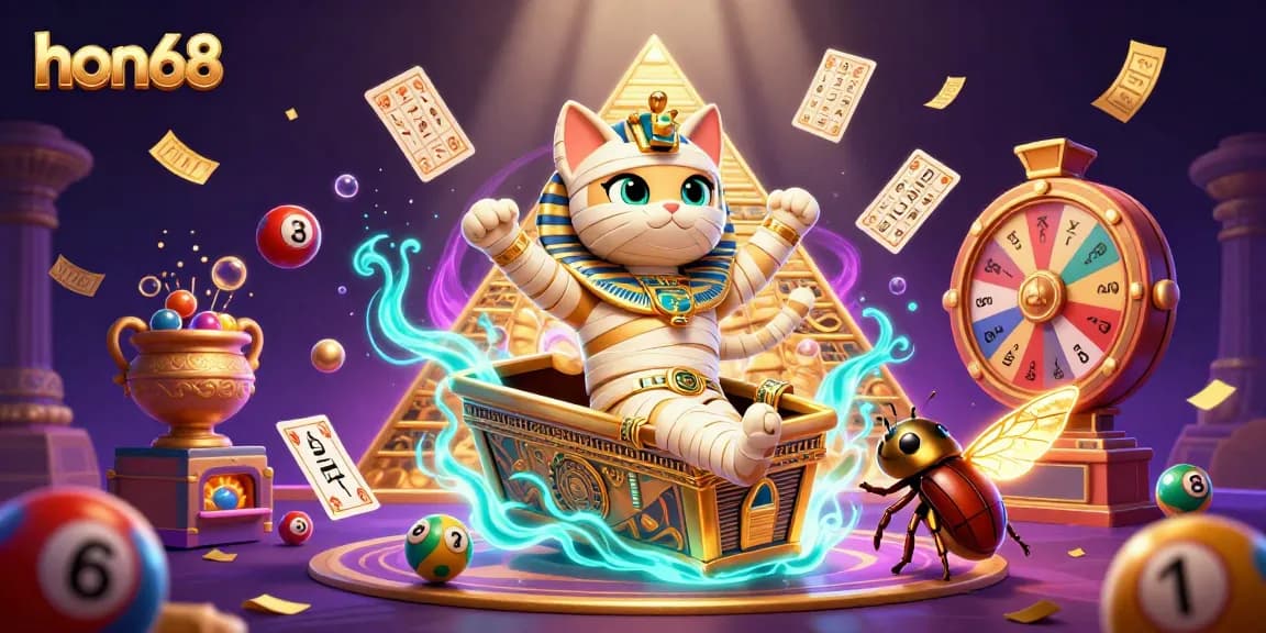 Experience the excitement of hon68 with a 3D illustration of a mummy cat in a casino bursting with vibrant lottery balls and prizes.
