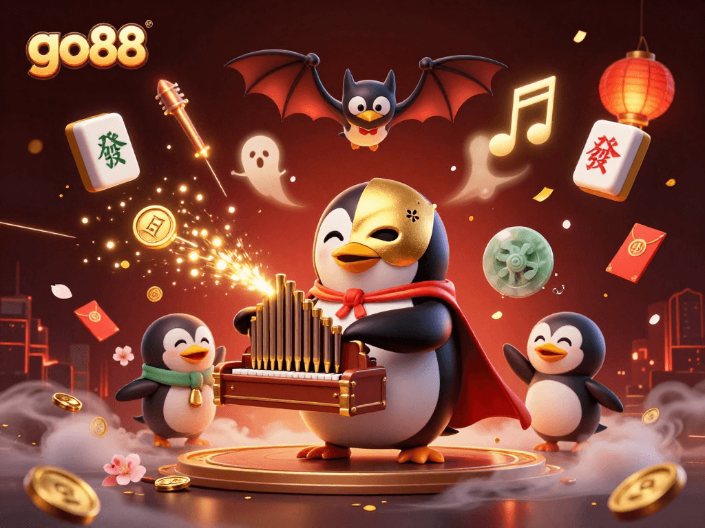 Experience go88's thrilling casino magic with a golden coin-shooting organ in a vibrant 3D scene.
