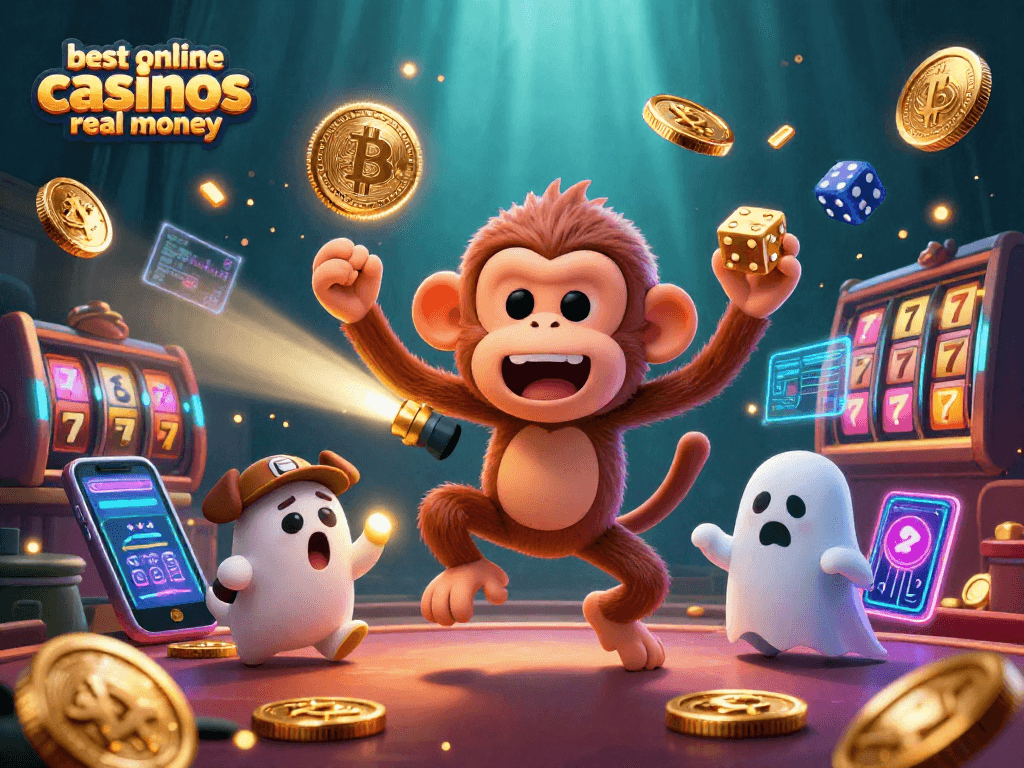 Juggle with the best online casinos real money showcasing a playful ghost and monkey amidst vibrant casino elements.