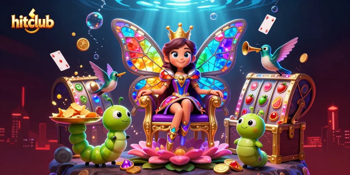 Hitclub features a whimsical underwater casino scene with a butterfly queen and vibrant elements.