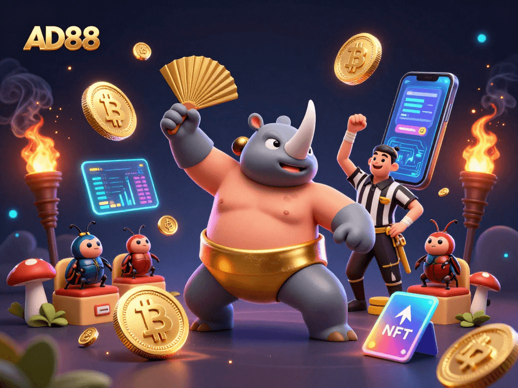 See AD88’s thrilling beetle sumo champion amid flying coins and blockchain vibes!