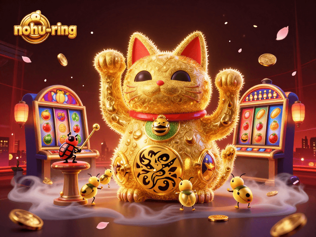 Engage with nohu-ring's vibrant scene as golden fireflies and casino symbols create a dynamic jackpot atmosphere.