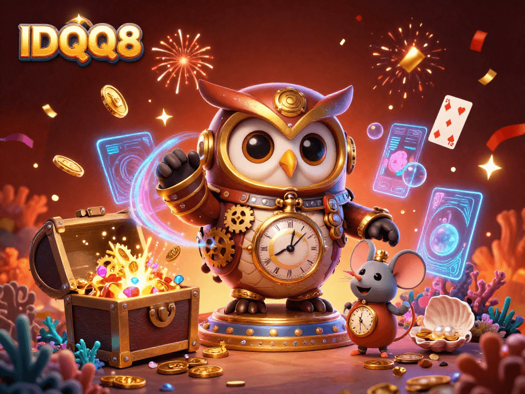 Experience the thrilling adventures on IDQQ88 as a cartoon owl and its companion embark on a vibrant casino journey.