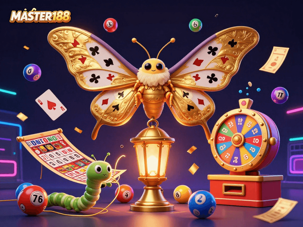 Engage with the vibrant gaming world of MASTER188 through an ultra-detailed illustration showcasing dynamic lottery elements.