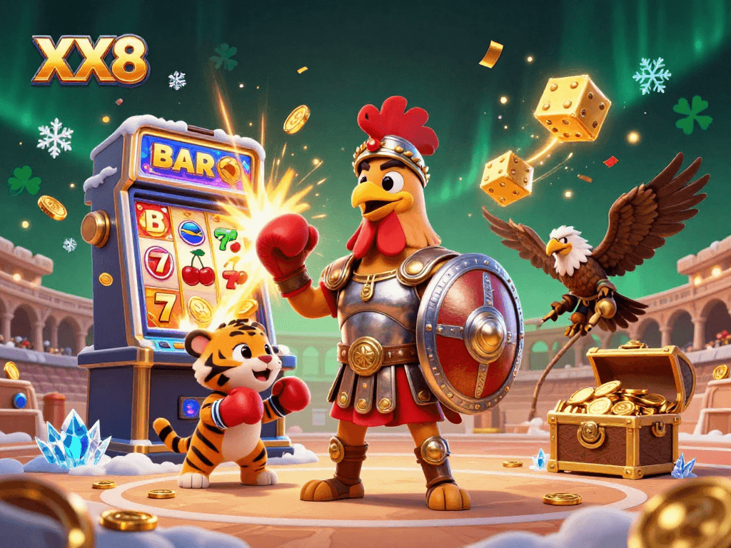 Experience the thrill of XX8 with a dynamic scene of a gladiator rooster amid a jackpot explosion.