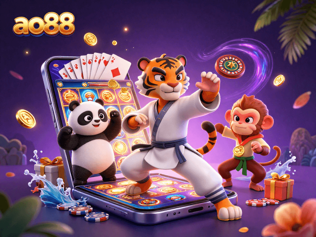A dynamic ao88 casino scene featuring a kung fu tiger and panda with casino games elements.