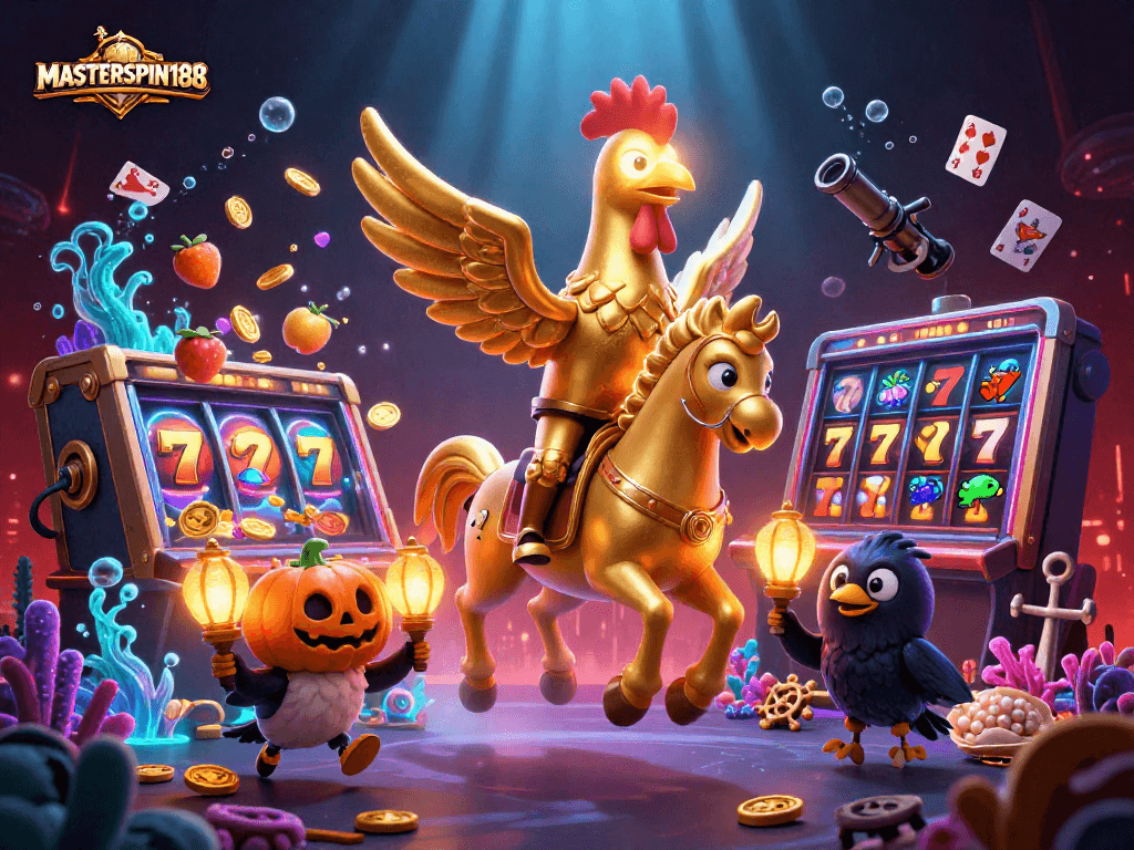 Engaging slot experience with MASTERSPIN188 featuring a golden rooster and vibrant gaming elements.