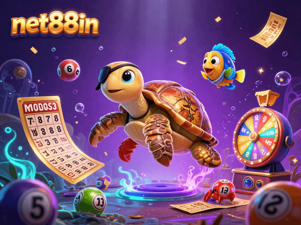 net88in showcases a vibrant gambling scene with a pirate turtle and lively lottery elements