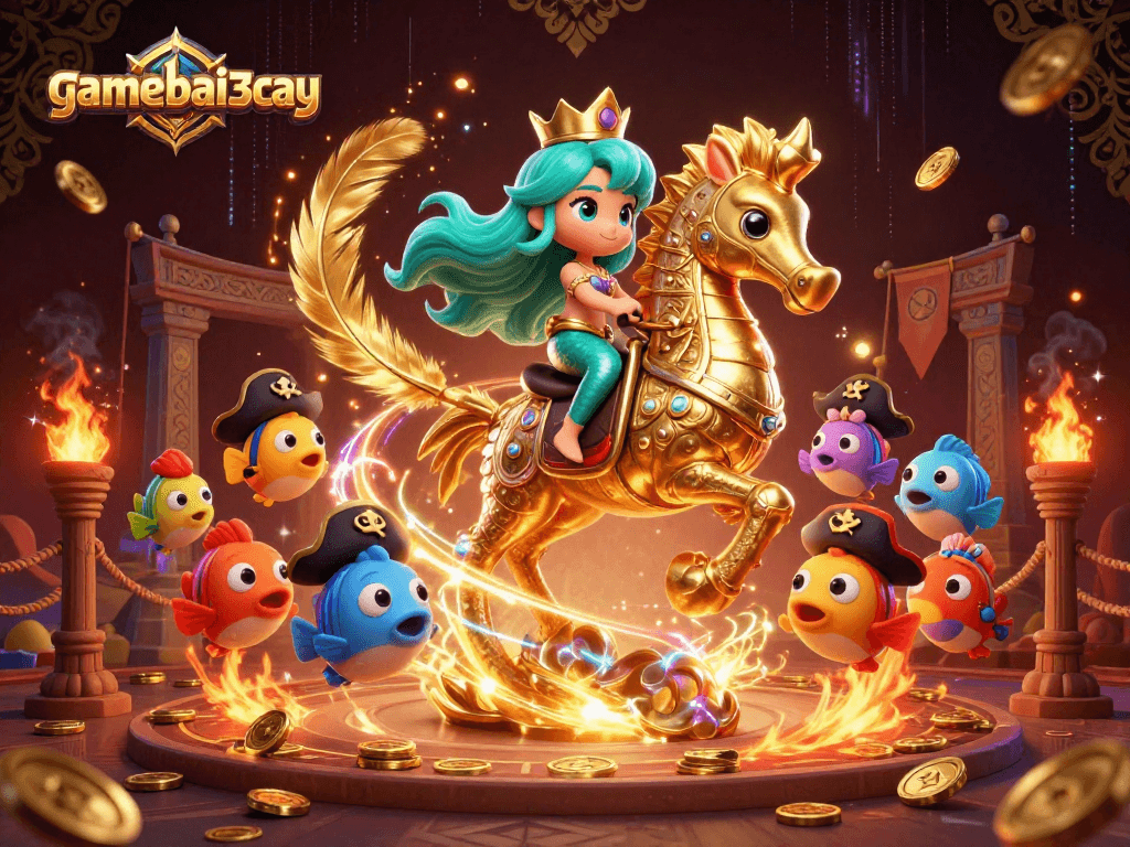 Engage with gamebai3cay's vibrant casino world led by a mermaid princess in a dynamic underwater scene.