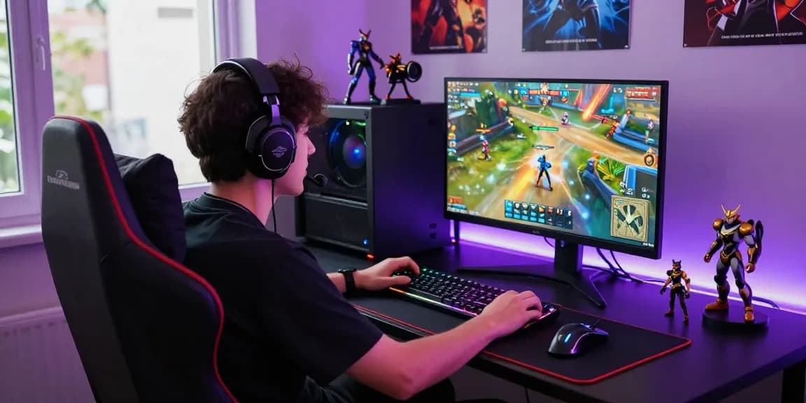 Exciting gaming moment featuring lucky77 player immersed in action, surrounded by high-tech setup and vibrant gaming accessories.