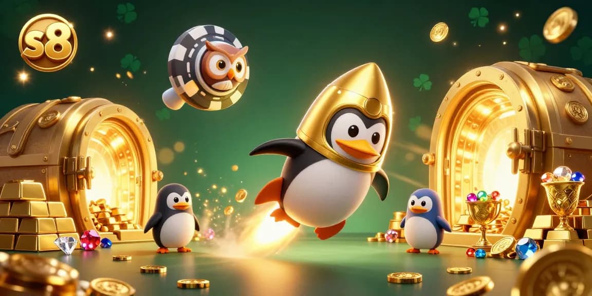 S8 casino's golden penguin racing towards the poker chip space station amidst a vibrant treasure scene.