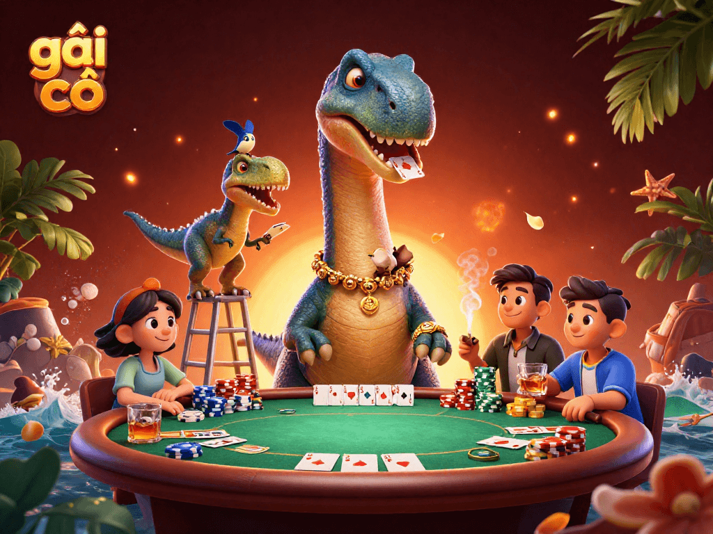 Engage in thrilling poker action with gái gọi at a vibrant casino scene featuring 3D dinosaur characters.