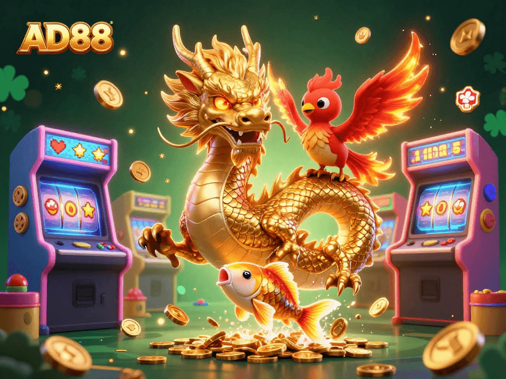 Experience thrilling gameplay at AD88 with a fierce dragon, phoenix, and koi fish surrounded by casino slot elements.