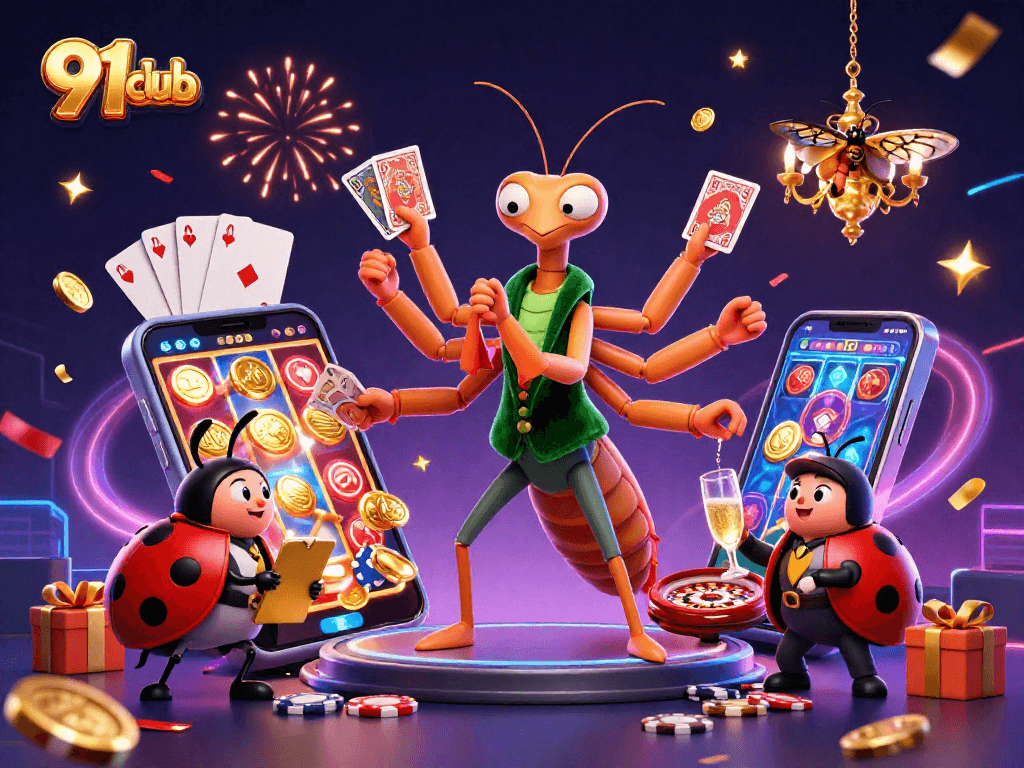 Experience gaming excitement with 91club as a giant mantis card sharp and colorful casino elements come to life.