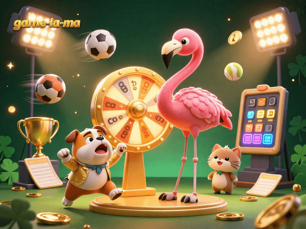 Spin the game-la-ma prize wheel in an exciting casino scene with sports elements and vibrant characters.
