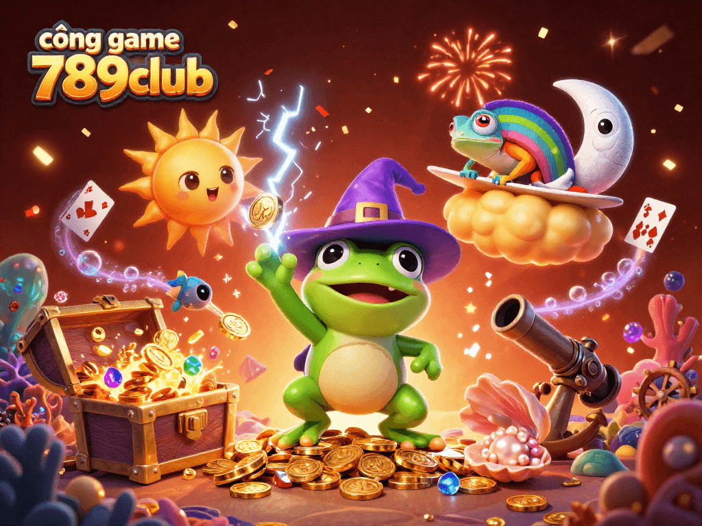 Engage with the vibrant cổng game 789club featuring a magical scene of spirited characters and golden treasures.