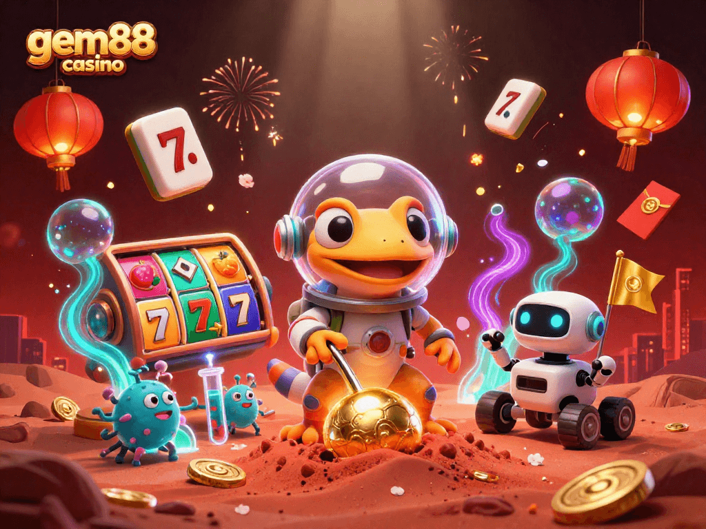 Experience the vibrant excitement of gem88 casino with a Martian gecko discovering treasures.