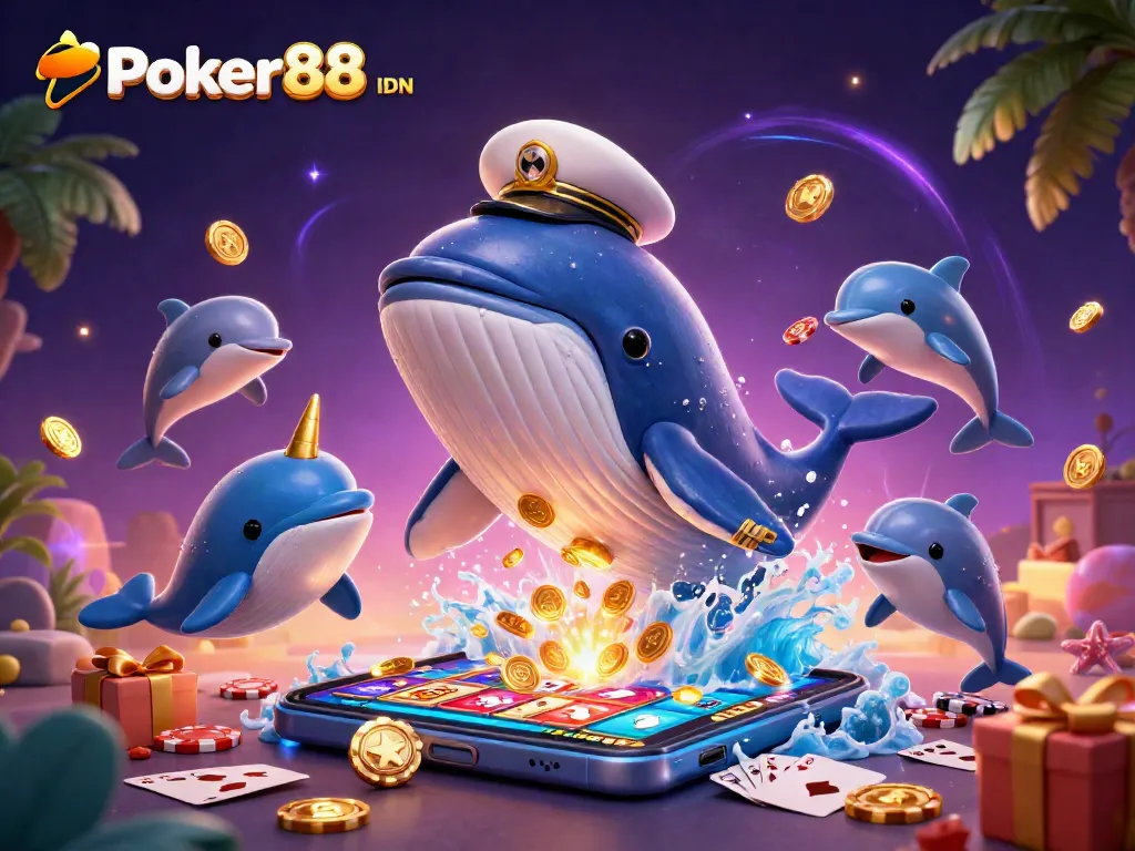 Engage in thrilling Poker88 IDN gameplay with a whale, narwhal, and dolphins amid casino elements.