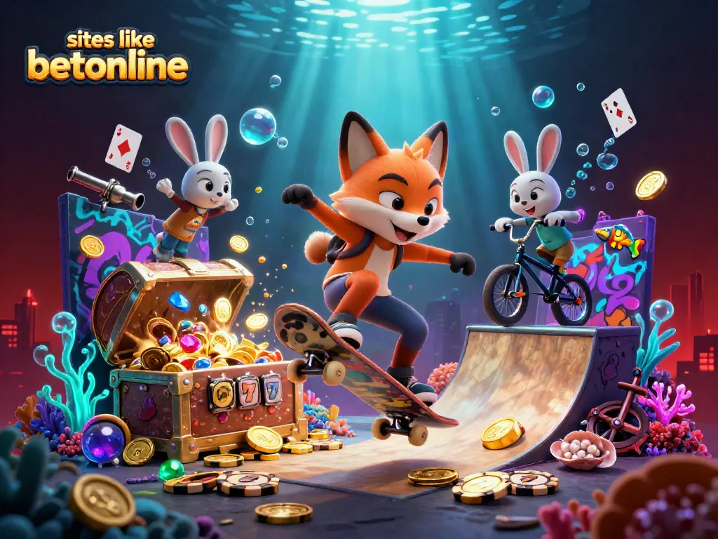 Experience the thrill with sites like betonline featuring a skateboarder fox and a BMX rabbit in a vibrant 3D casino scene.