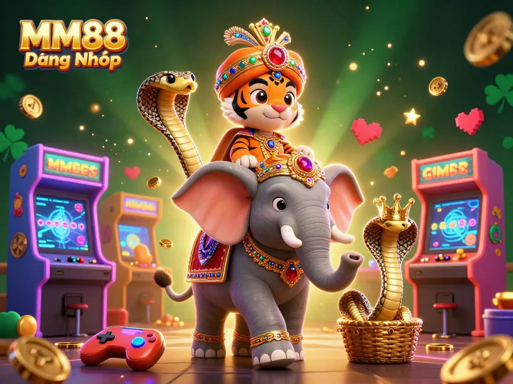 Engage with MM88 Đăng Nhập in a vibrant casino scene featuring a majestic tiger and elephant.