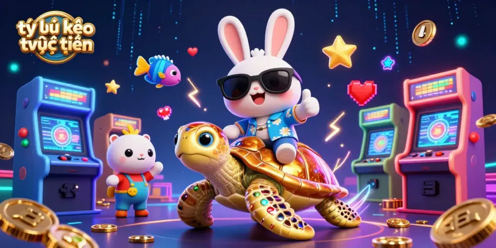 Experience engaging tỷ lệ kèo trực tuyến with the joyful rabbit and gold turtle in a vibrant casino scene.