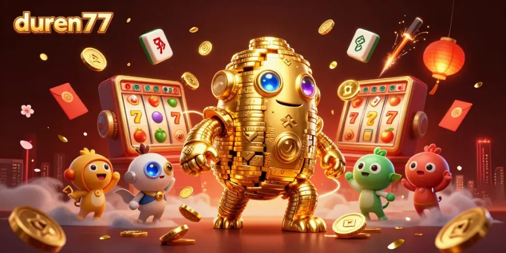 Memenangkan jackpot terbaik di duren77 dengan golem emas dan simbol slot mengelilingi permainan yang kaya.