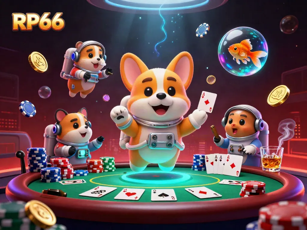Experience exciting gambling action with RP66 in a vibrant 3D casino setting featuring a floating corgi and poker elements.
