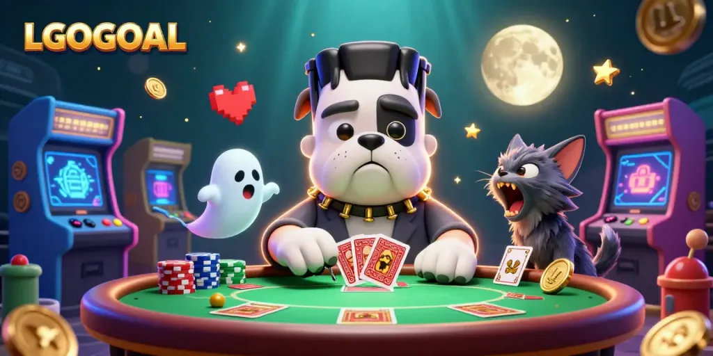 Experience thrilling poker gameplay with LGOGOAL as a Frankenstein bulldog monster deals cards in a colorful casino.