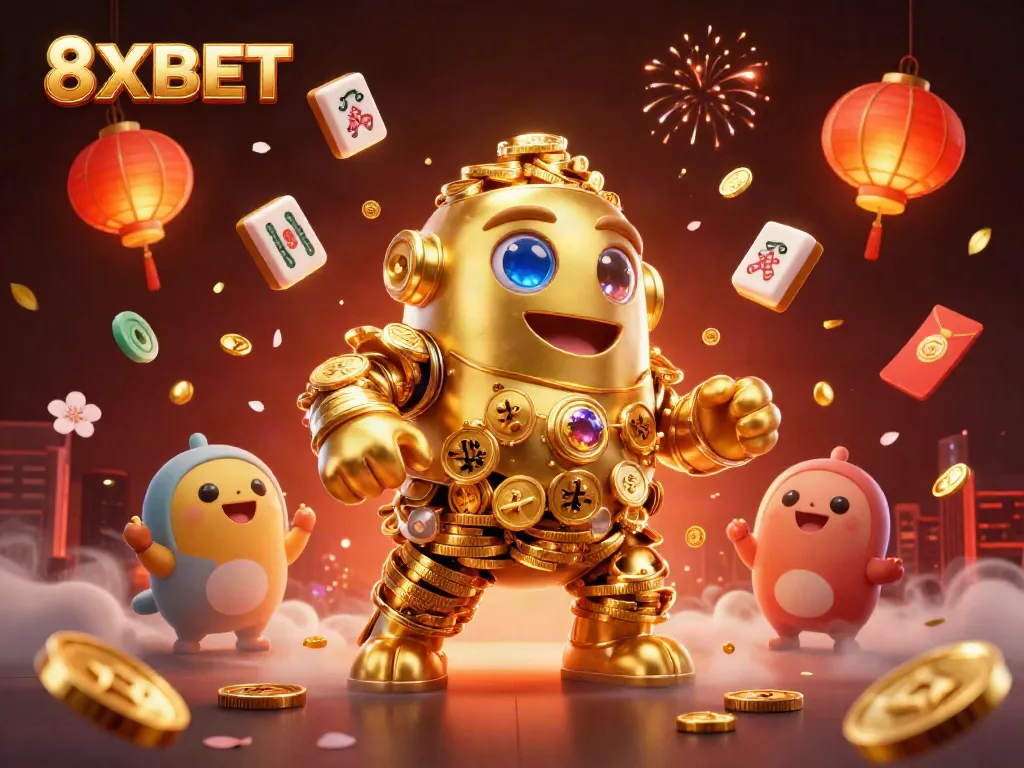 Experience the vibrant world of 8XBET with a dynamic 3D illustration featuring gaming elements.