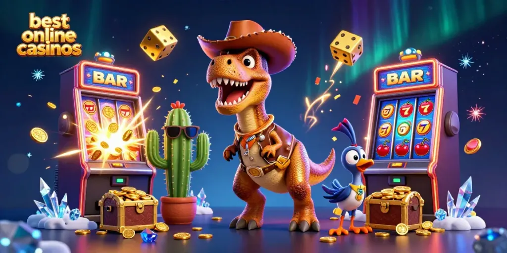 Experience excitement with best online casinos featuring a cowboy dinosaur in a vibrant casino world.