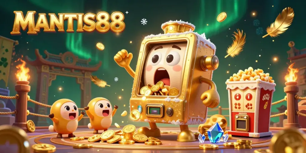 Experience the excitement of MANTIS88 with a jovial golden slot machine celebrating a jackpot amid dynamic casino elements.