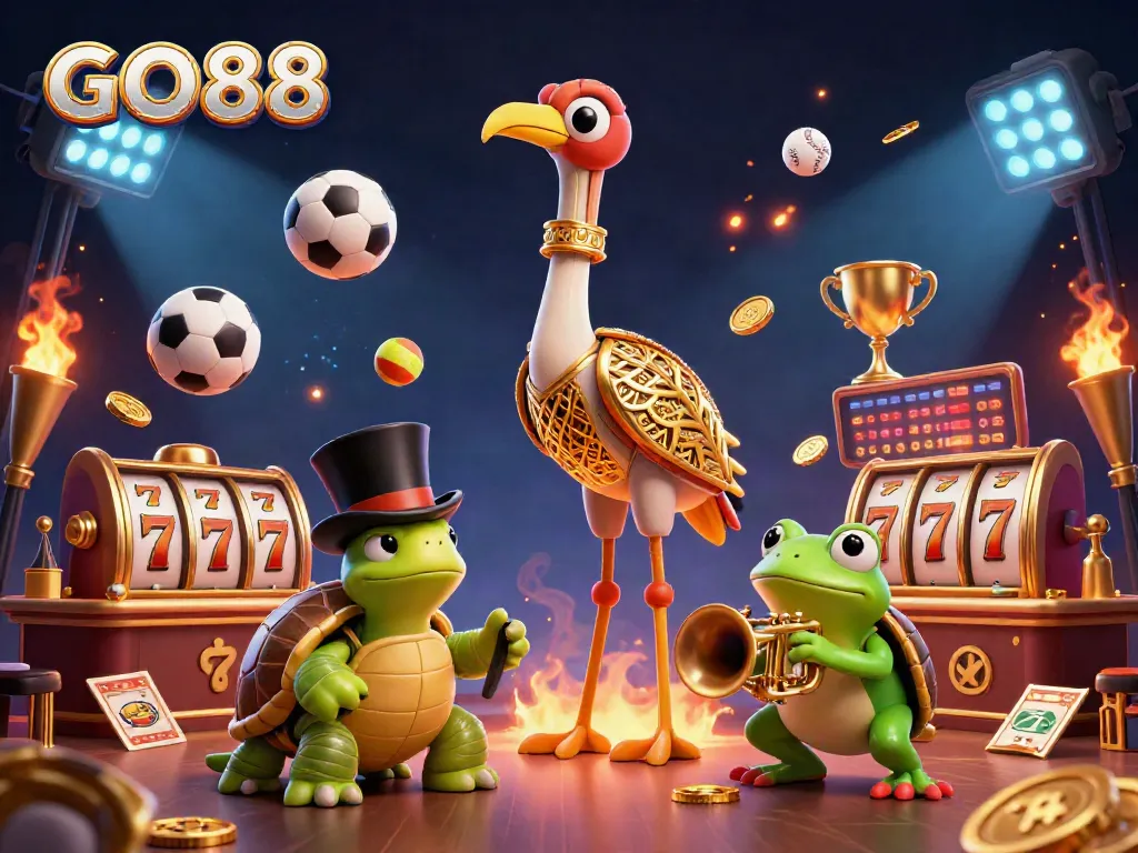 Spin to win with GO88 in an energetic 3D casino scene featuring vibrant game elements.