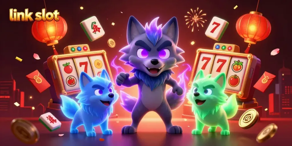 Engage with link slot's vibrant 3D casino illustration showcasing shadow wolves and dynamic gaming elements.