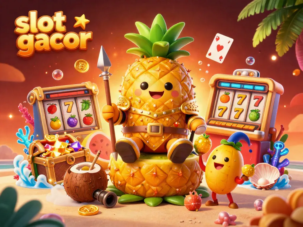 Engage with the dynamic slot gacor scene featuring a golden pineapple king and treasure elements.