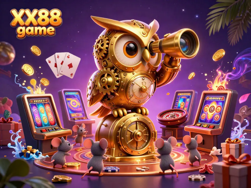 Join the excitement of XX88 game with a vibrant casino scene full of colorful slot action and animated characters.