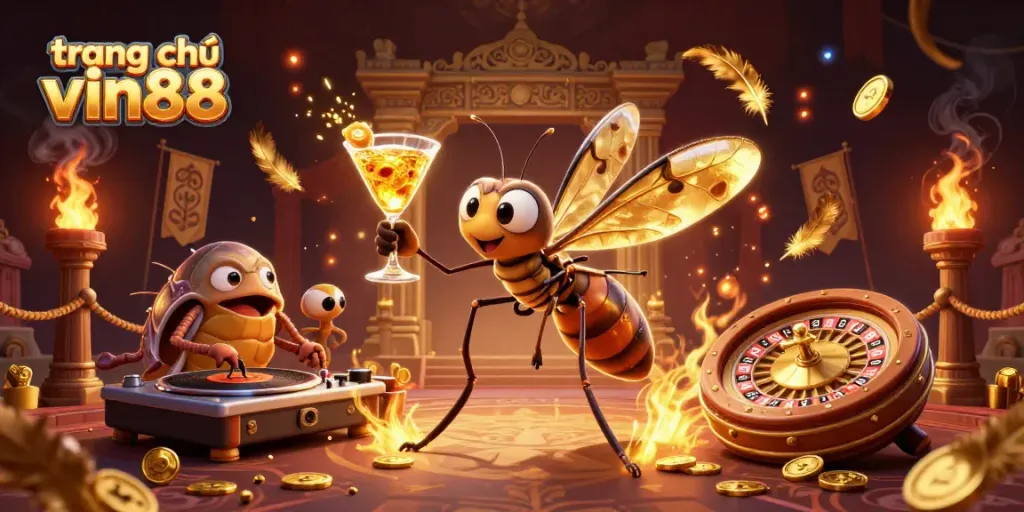 Experience the vibrant world of trang chủ vin88 with dynamic casino characters and action elements in a rich illustration.