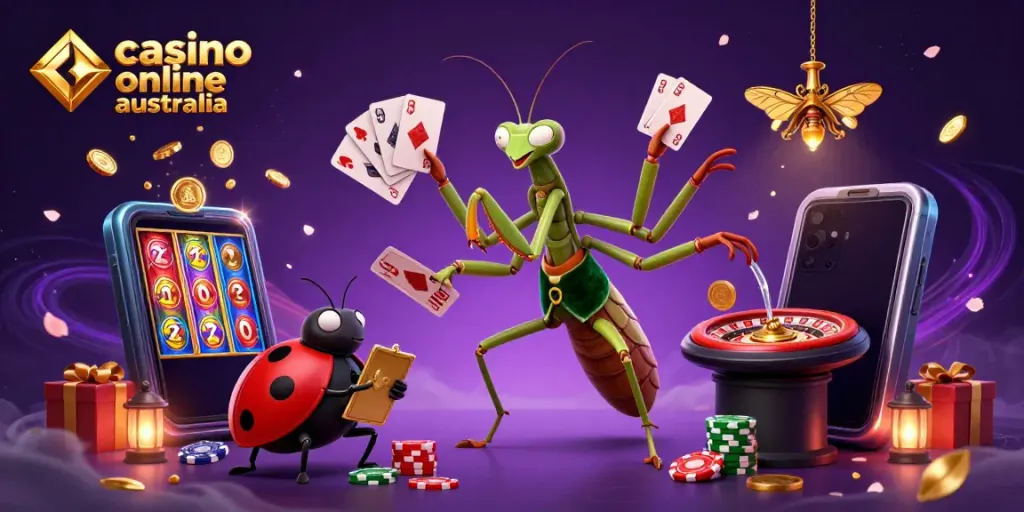 Experience excitement at casino online australia with a vibrant 3D scene of a card sharp, pit boss, and game elements.