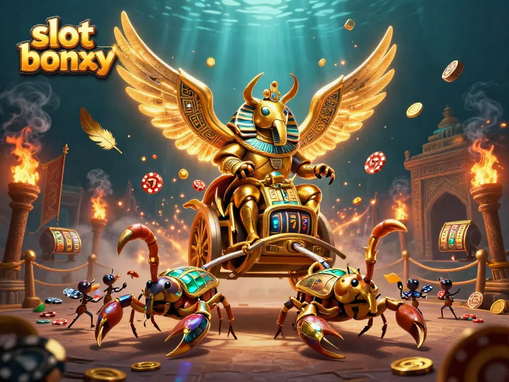Witness the excitement of slot bonuses with a dramatic chariot scene showcasing vibrant characters and gaming elements