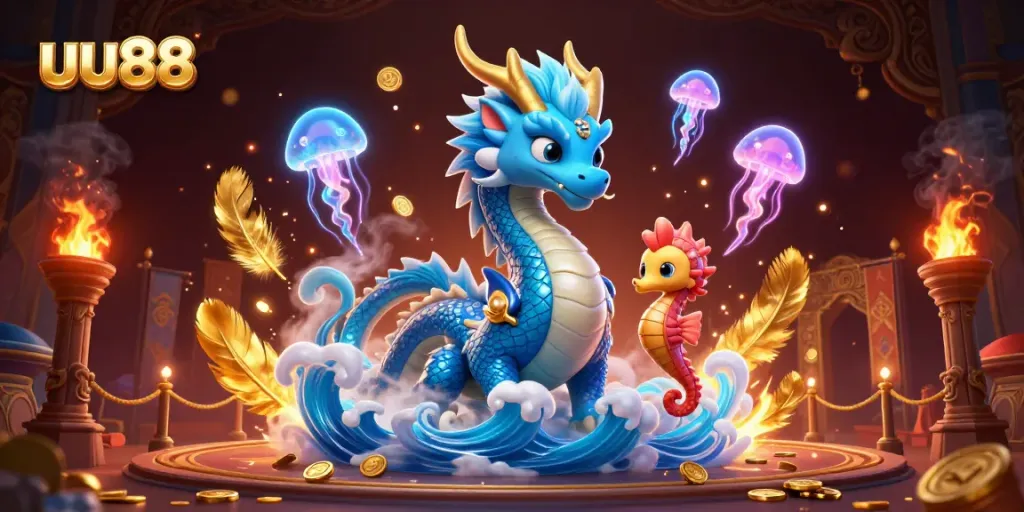 Experience thrilling gaming at uu88 with a majestic azure dragon and seahorse knight amid vivid casino elements.