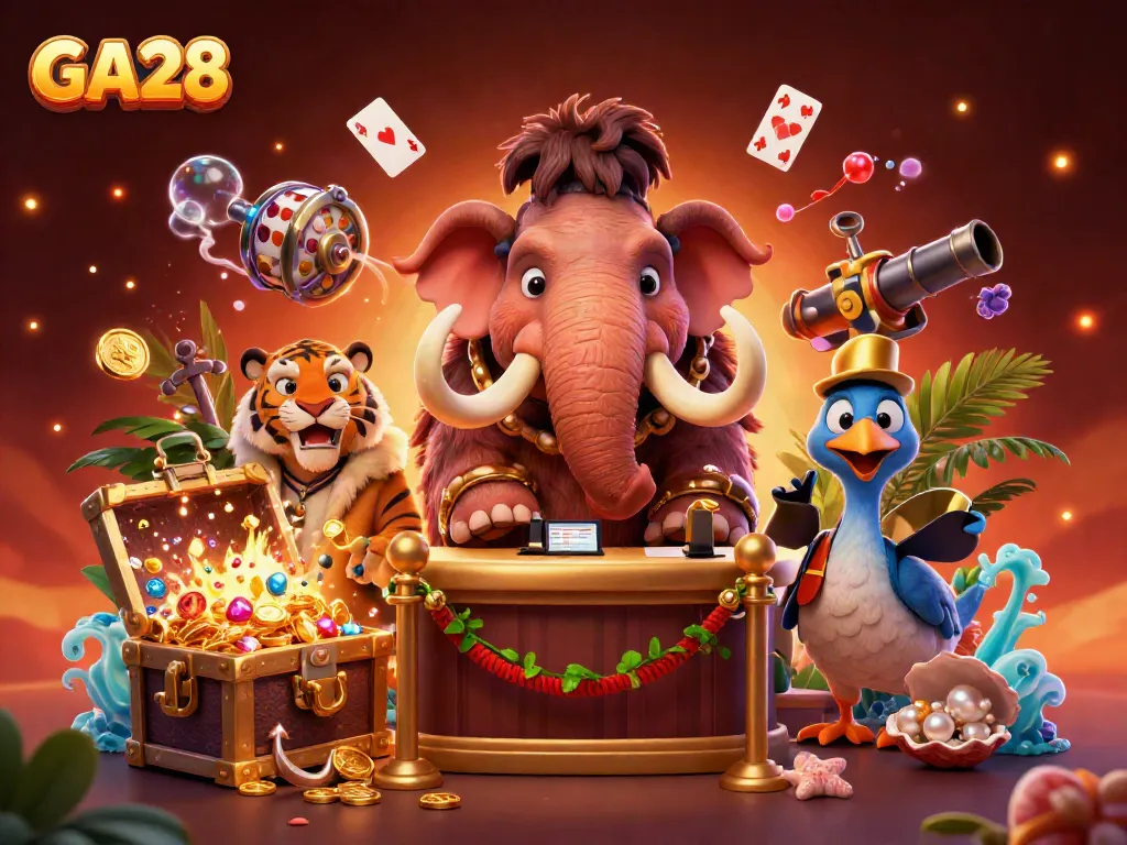 Engage in thrilling gameplay at GA28, featuring a mammoth bouncer and vibrant casino elements.