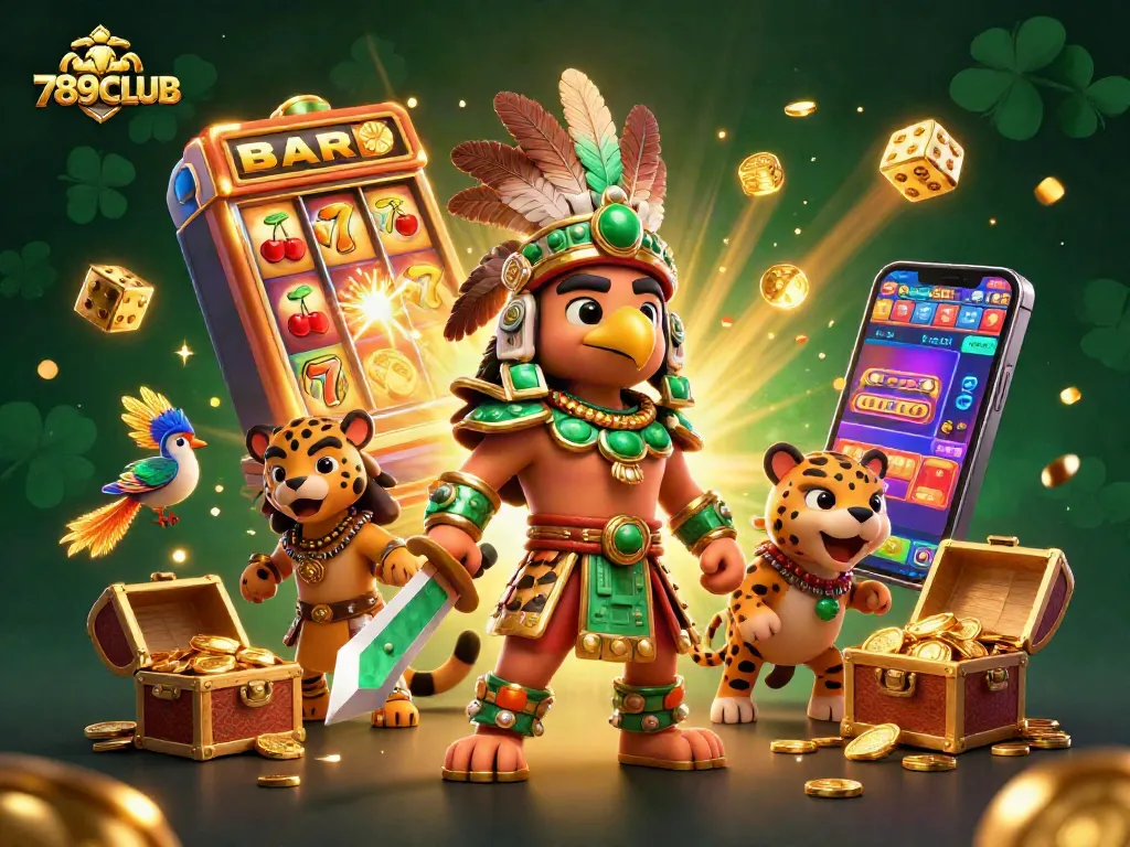 Experience the thrill of 789CLUB with 3D Aztec warriors and a jackpot explosion in a vibrant scene.