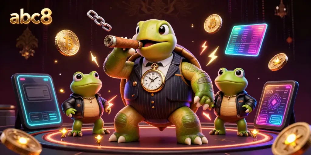 Experience thrilling gaming at abc8 with a 3D illustration featuring a turtle in a casino setting.