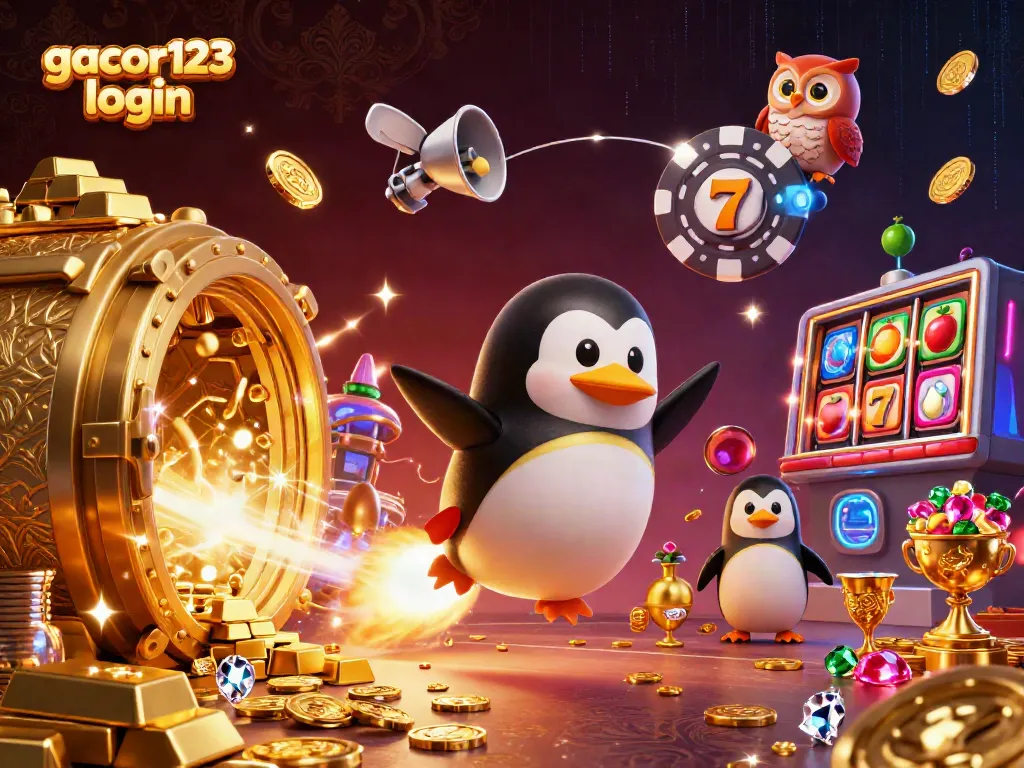 Experience winning fun with gacor123 login, as a golden penguin flies to a vibrant casino adventure.